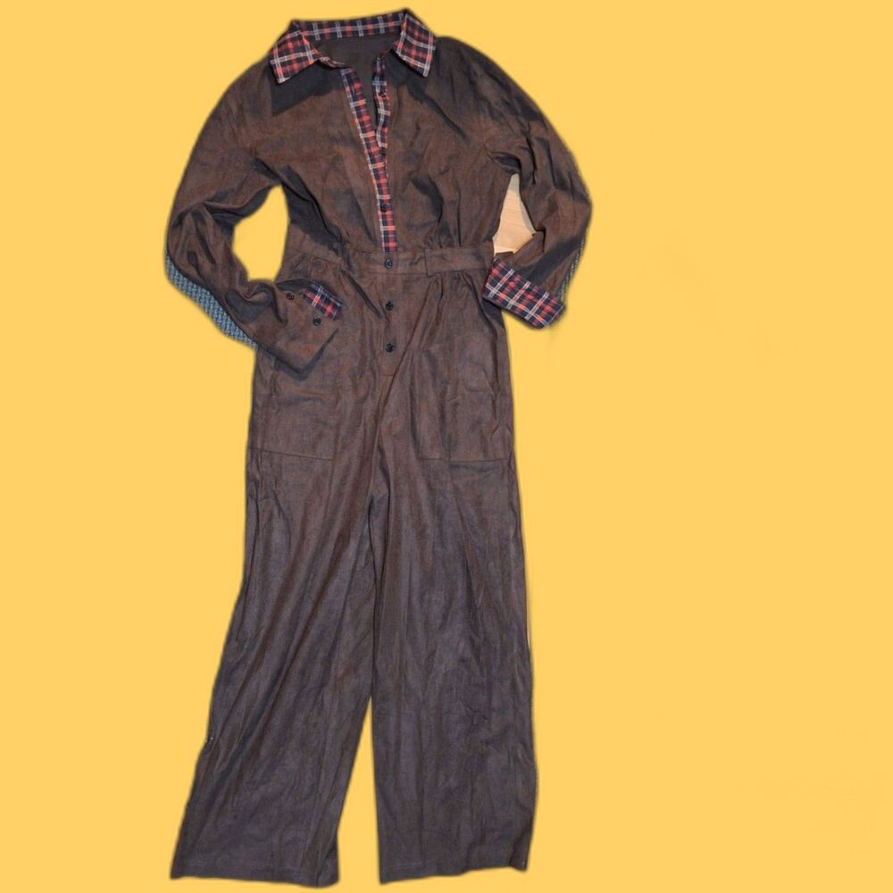 New Faux Suede Brown Ladies Jumpsuit SMALL Plaid Collar & Cuffs